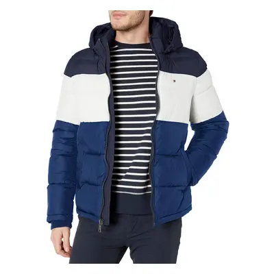 Tommy Hilfiger mens Hooded Puffer Jacket Down Alternative Coat Bluebell Color Block Large US