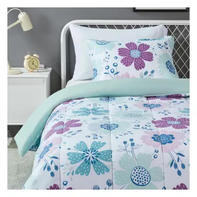 Amazon Basics piece Microfiber Kids Comforter and Pillow Sham Set Twin Purple Flowers Bluish Pin