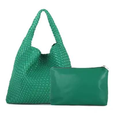 (Dark Green) MOOWOO Fashion Ladies Bag Woven Bag PU Leather Cute Handbag Vegetable Basket Carry 