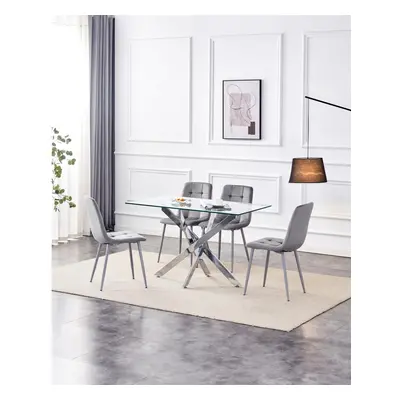 Dining Table and Chairs Rectangle Glass Table Grey Velvet Chairs Dining Set