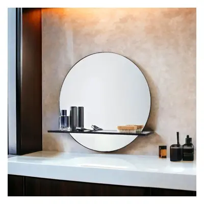 Black Round Bathroom Mirror With Cosmetics Shelf Wall Mounted