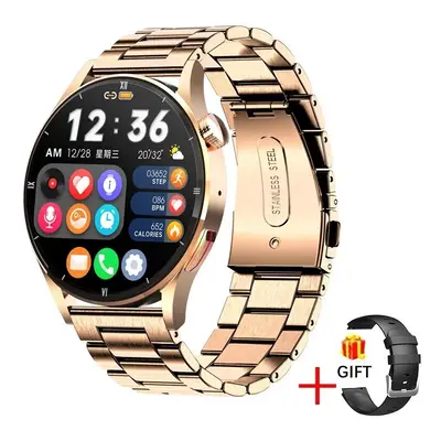 (Steel strip gold, AMOLED HD screen) Lige Bluetooth Call Watch For Men Smart Watch AMOLED HD Scr