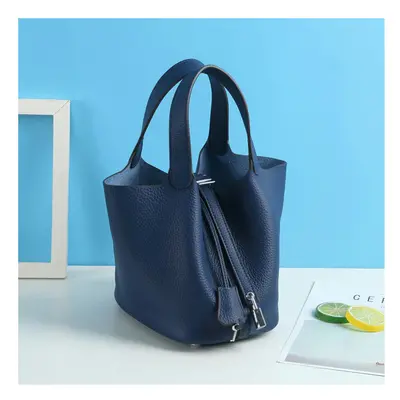 (Treasure blue (head layer cowhide), small) New Litchi Pattern Casual Dish, Bag Leather, Fashion