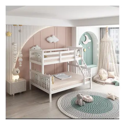 White Bunk Bed with Mattresses 3ft Single & 4ft6 Double Trio Bunk Beds, Wooden Children Bedroom 