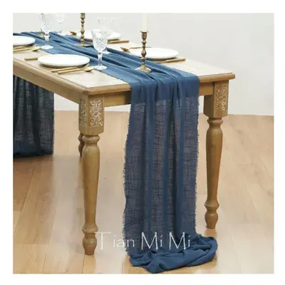 (62x1000cm, Prussian blue) Table Runner Rustic Cotton Gauze Cloth Dining Burlap Retro Burr Textu