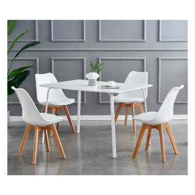 (White, 4) MCC Dining Chairs with Wooden Legs Soft Cushion Pad Stylish DELUXE Retro EVA