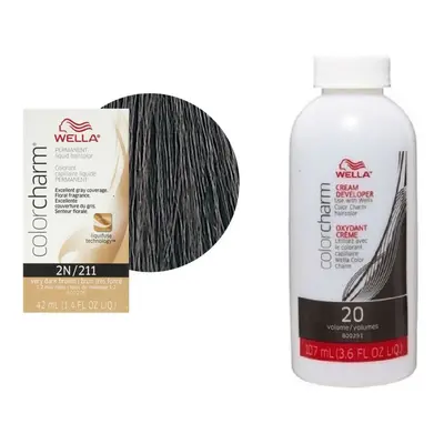 (2N+Dev(Vol.20)3.6oz) Wella 2N Very Dark Brown Color Charm Permanent Liquid Haircolor