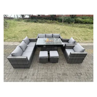 Fimous Outdoor PE Rattan Garden Furniture Gas Fire Pit Dining Table Set Lounge Sofa