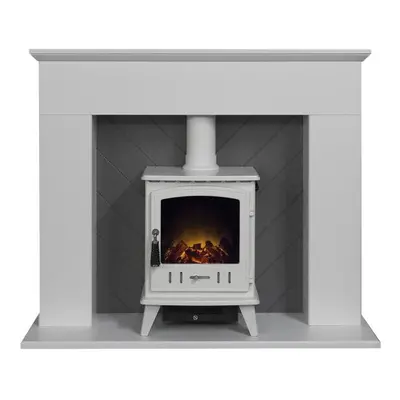 Adam Corinth Stove Fireplace in Pure White & Grey with Downlights & Aviemore Electric Stove in W