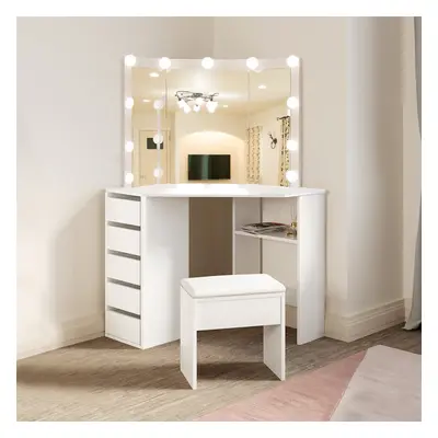 Corner Dressing Table with Mirrors Stool LED Bulbs Drawers