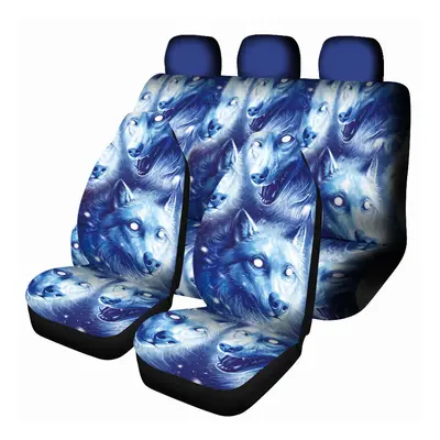 (7 Pcs) 1/7PCS Universal Car Seat Cover Wolf Blue & White Design Front Seat Full Protect