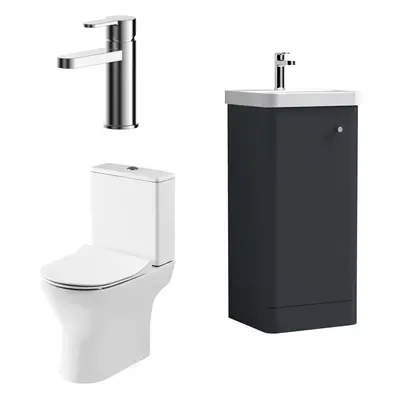 Cloakroom Suite - Floor Standing 400mm Vanity, Toilet and Tap Set - Soft Black