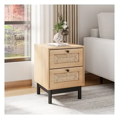 2-Drawer Woven Sofa Side Accent Table Cabinet Bedside Table