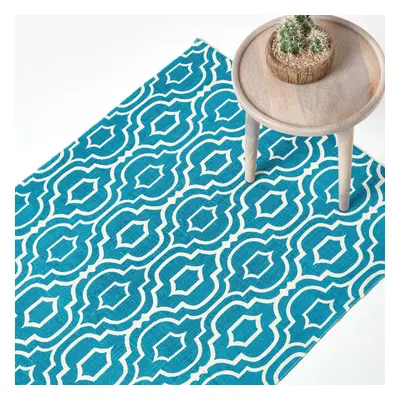 (120 x cm, Teal and white) Riga 100% Cotton Printed Patterned Rug