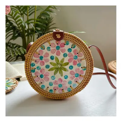 (Shell shoulder bag-blue dot pink flower) Vietnam Aki Rattan Woven INS Wind Round Color Shell St