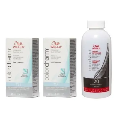 (T14+T14+Dev(Vol.20)3.6oz) Wella Color Charm T14 Pale Ash Blonde Hair Toner