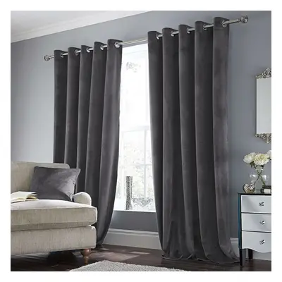 (90" x 90" (228cm x 228cm), Charcoal Velvet Curtain) Velvet Curtains Eyelet Ring Top Pair Fully 