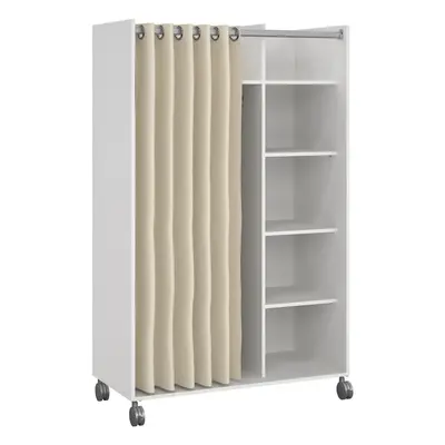 Uppsala Open Mobile Wardrobe Unit in White with a Beige Textile Curtain on Wheels