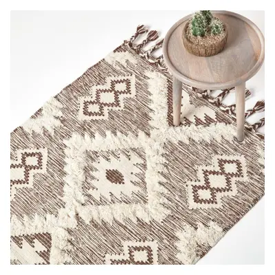 (160 x cm) Lhasa Handwoven Brown and Cream Textured Diamond Pattern Kilim Wool Rug