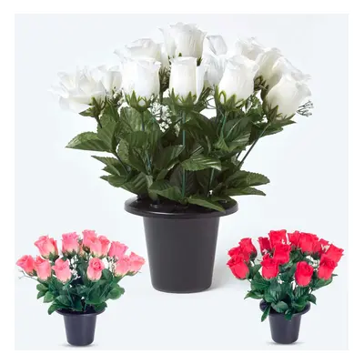 Set of Red, Pink & White Rose and Gypsophila Artificial Flowers in Grave Vases