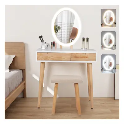 (Oval) Dressing Table Stool Set Makeup Mirror w/LED Light