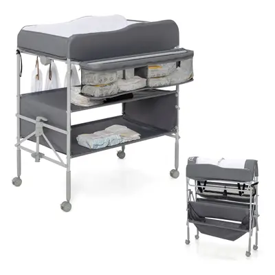 Folding Baby Changing Table Height Adjustable w/ Diper Storage & Wheels