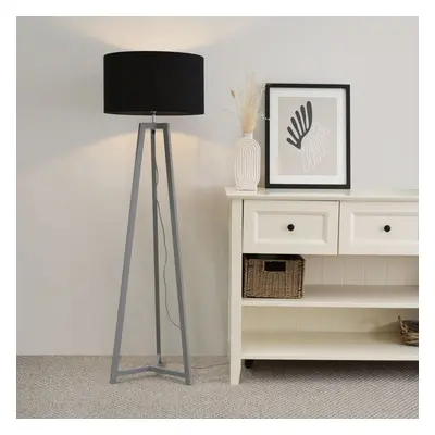 ValueLights Lottie Black Shade Grey Wood Tripod Floor Lamp & LED Bulb