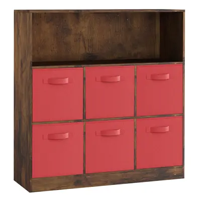 (Rustic Brown, Red) Wooden Cubed Bookcase Units Shelves Drawers