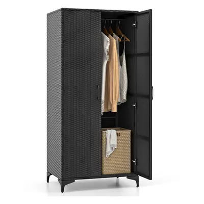 Wicker Wardrobe PE Rattan Wardrobe Armoire Closet w/ Hanging Rod-Black