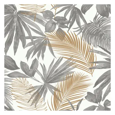 (JF3601 Grey Gold) Grandeco Jungle Tropical Wild Metallic Palm Leaves Leaf Wallpaper Exotic Viny