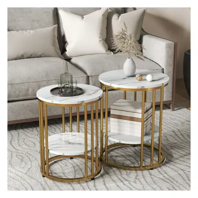 HOMCOM Marble-Effect Round Coffee Table Set of for Living Room, Gold Tone