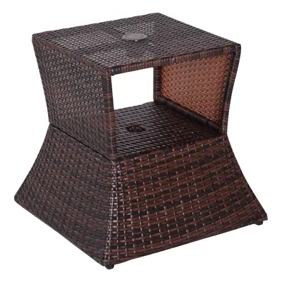 Outsunny Rattan Wicker Tea Coffee Table w/ Umbrella Hole Storage Space