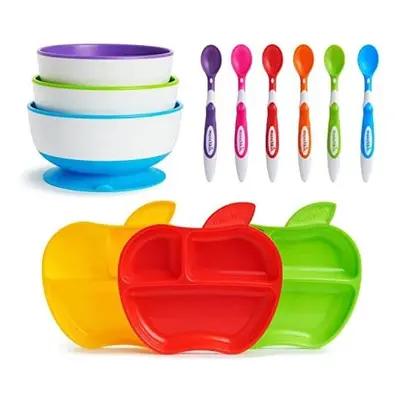 Munchkin Weaning Set, Includes 3x Stay Put Suction Bowls, 3x Little Apple Divided Plates & 6x So