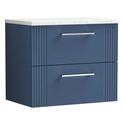 Retro Drawer Wall Hung Vanity Unit with Sparkling White Laminate Worktop - 600mm - Satin Blue - 