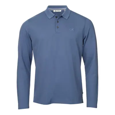 (L, Denim Blue) Calvin Klein Mens Long Sleeve Stretch Campus Golf Polo Shirt