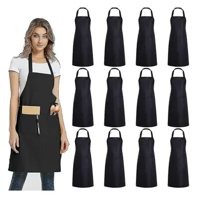 12 Pack Plain Bib Aprons With Pockets - Black Unisex Commercial Apron Bulk