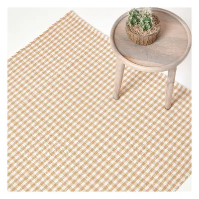 (110 x cm, Beige) Cotton Gingham Check Rug Hand Woven