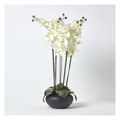 Homescapes Large Oriental Style Cream Orchids in Black Bowl