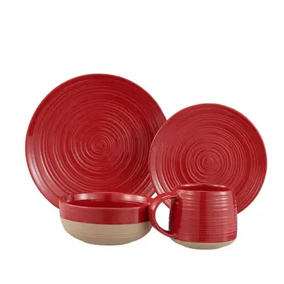 (Red) Better Homes & Gardens- Abott White Round Stoneware 16-Piece Dinnerware Set