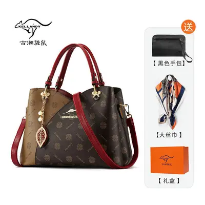 (Wine red (handbag+scarf+gift box)) Mother's Day Gift Mother's Bag Middle -Aged Handbody Bags La