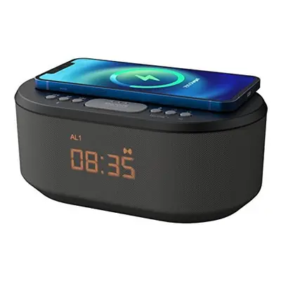 i-box Bedside Wireless Charging Alarm Clock Radio with Dimmable LED Display - Non Ticking Mains 