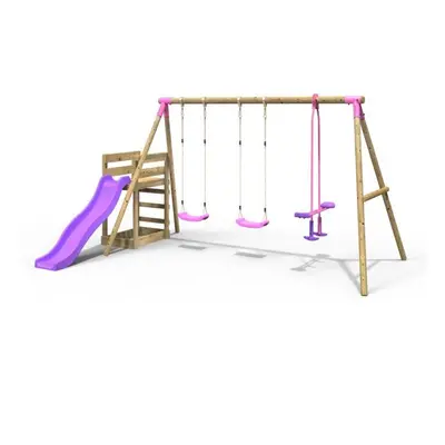 (Neptune, Pink) Rebo Wooden Swing Set plus Deck & Slide