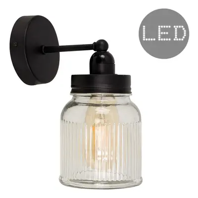 Industrial Satin Black Pipework Single Wall Light with a Clear Glass Ribbed Pattern Design Jar S