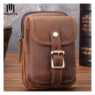 (brown) Misfits Genuine Leather Waist Packs Men Vintage Travel Fanny Pack With Passport Holder B