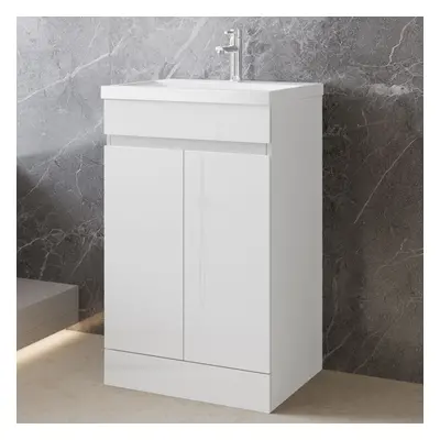 (White) 500mm Floor Standing Bathroom Vanity Units with Ceramic Basin Sink High Gloss White/Grey