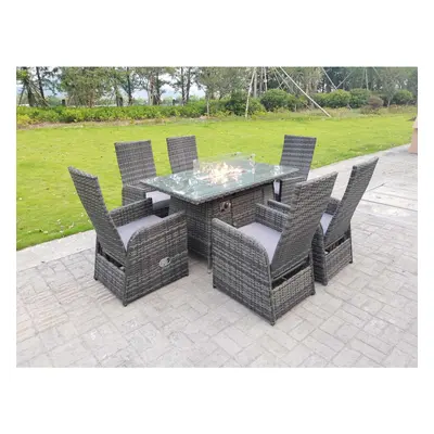 Fimous Rattan Garden Furniture Gas Fire Pit Rectangle Oblong Dining Table And Chairs Seater