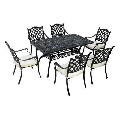 Outsunny 7-PC Cast Aluminium Patio Dining Set w/ Umbrella Hole & Cushion, Black