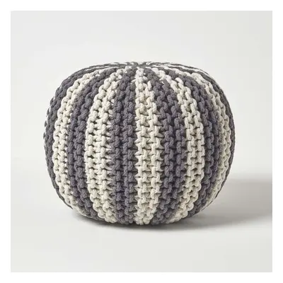 (Grey & Off White, x cm) Knitted Pouffe Striped Footstool