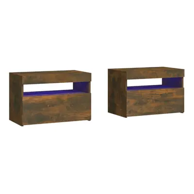 (smoked oak, pcs) vidaXL 1/2x Bedside Cabinet and LED Light Engineered Wood Decor Multi Colours