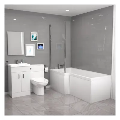 L-Shaped LH Shower Bath Floor Standing White Basin Vanity BTW Toilet